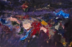 A work of art by female abstract expressionist Libbie Mark. Abstract painting featuring bold, textured strokes and patches of red, blue, pink, and yellow on a dark, predominantly purple background.