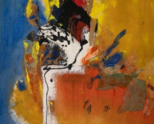 A work of art by female abstract expressionist Libbie Mark. Abstract painting with bold blue, yellow, red, and orange areas, accented by black and white brushstrokes and textured patches.