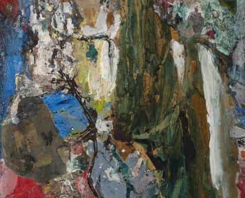 A work of art by female abstract expressionist Libbie Mark. Abstract painting featuring layered brushstrokes in green, brown, blue, red, and white tones with various textures and no identifiable figures or objects.