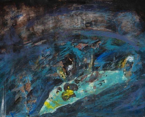 A work of art by female abstract expressionist Libbie Mark. Abstract painting with swirling blue and black tones, textured brushstrokes, and a bright turquoise area with yellow and brown accents at the center.