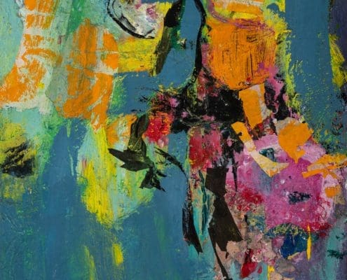 A work of art by female abstract expressionist Libbie Mark. Abstract painting with bold blue, orange, green, and pink brushstrokes, featuring layered textures and irregular shapes across the canvas.