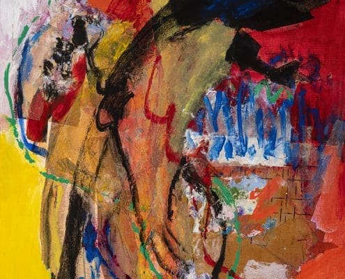 A work of art by female abstract expressionist Libbie Mark. Abstract painting featuring bold red, yellow, black, and orange shapes with layered brushstrokes, textured surfaces, and hints of blue and green lines.