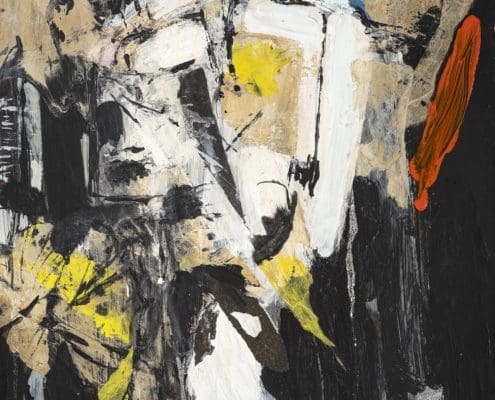 A work of art by female abstract expressionist Libbie Mark. Abstract painting featuring bold black, white, yellow, and orange brushstrokes on a textured brown and black background, with expressive, gestural marks throughout.