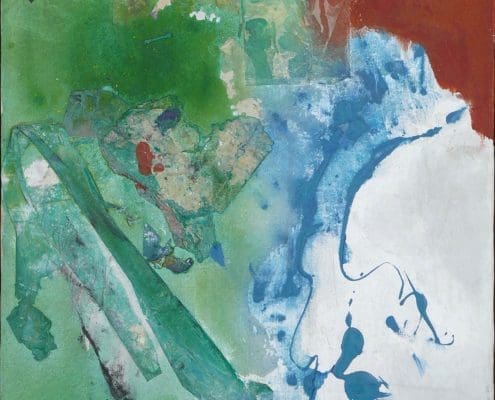 A work of art by female abstract expressionist Libbie Mark. Abstract painting with green, blue, and white areas, red in the upper right, and sweeping lines and splatters throughout the composition.