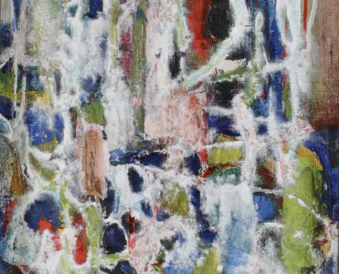 A work of art by female abstract expressionist Libbie Mark. Abstract painting with layered brushstrokes in blue, green, white, red, and brown, creating a textured composition with no distinct shapes or figures.