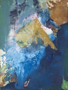 A work of art by female abstract expressionist Libbie Mark. Abstract painting featuring layered blue, brown, and white textures with jagged shapes and splashes, creating a dynamic, mixed-media composition.