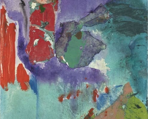 A work of art by female abstract expressionist Libbie Mark. Abstract painting with patches of purple, blue, red, and green, featuring rough textures, layered paint, and paper-like fragments.