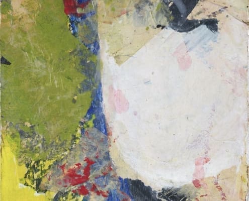 A work of art by female abstract expressionist Libbie Mark. Abstract painting with textured layers of green, yellow, blue, red, and white, forming irregular shapes and overlapping patches across the canvas.