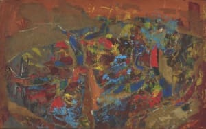 A work of art by female abstract expressionist Libbie Mark. Abstract painting featuring bold patches of red, blue, yellow, and brown with layered textures and energetic brushstrokes.