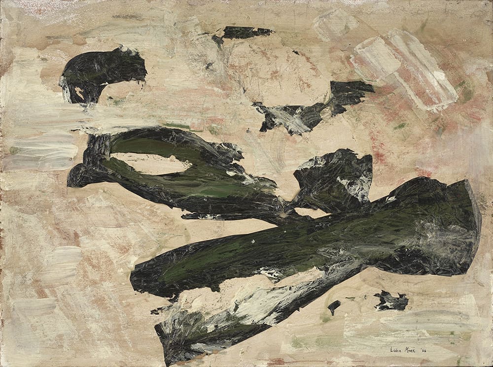Collage Painting #28 A work of art by female abstract expressionist Libbie Mark. Abstract painting with rough, textured green and black patches on a beige and pale pink background, featuring irregular shapes spread across the canvas.