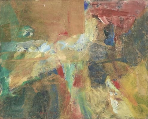 A work of art by female abstract expressionist Libbie Mark. Abstract painting featuring layered brushstrokes in earthy browns, reds, blues, greens, and yellows, creating a textured and dynamic composition.