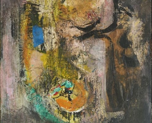 A work of art by female abstract expressionist Libbie Mark. Abstract painting featuring rough textures, earthy tones, and bright accents of blue and red, with layered forms.