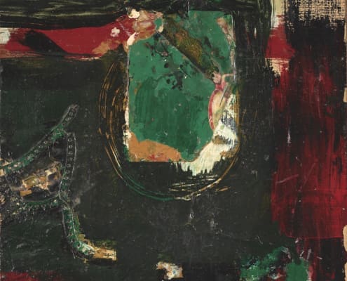 A work of art by female abstract expressionist Libbie Mark. Abstract painting featuring dark green, red, and black hues with textured brushstrokes and layered shapes; central green form with rough yellow and orange accents.