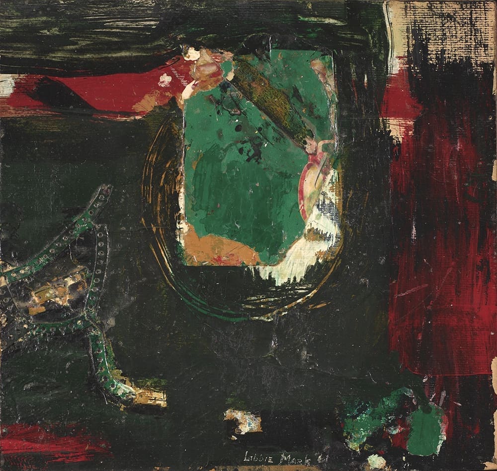 Fig. 9. Libbie Mark, Collage Painting #9 A work of art by female abstract expressionist Libbie Mark. Abstract painting featuring dark green, red, and black hues with textured brushstrokes and layered shapes; central green form with rough yellow and orange accents.