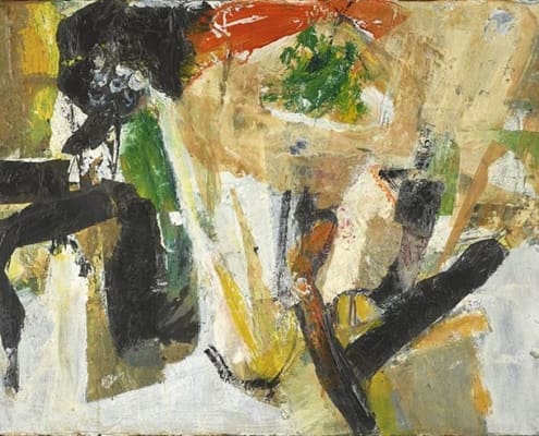 A work of art by female abstract expressionist Libbie Mark. Abstract painting featuring broad brushstrokes in beige, black, green, and orange tones, with layered textures and overlapping shapes.