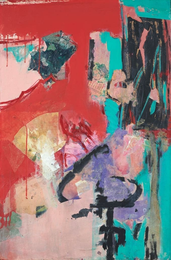 A work of art by female abstract expressionist Libbie Mark. Abstract painting featuring bold areas of red, turquoise, and pink with layered textures, black brushstrokes, and various geometric and organic shapes throughout the composition.