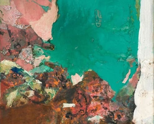 A work of art by female abstract expressionist Libbie Mark. Abstract painting featuring a mix of teal, brown, red, and white textures and forms, with layered, uneven surfaces and prominent color blocks.