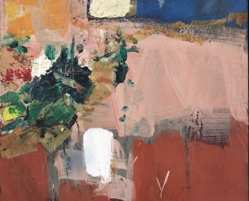 A work of art by female abstract expressionist Libbie Mark. Abstract painting with bold blocks of orange, blue, and brown, and textured brushstrokes. Green, white, and red accents add contrast to the composition.