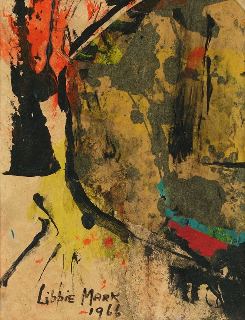 libbie-mark-untitled-collage-painting-30JM A work of art by female abstract expressionist Libbie Mark. Abstract painting with textured layers in yellow, black, red, and brown tones, with the signature "Libbie Mark 1966" at the bottom.